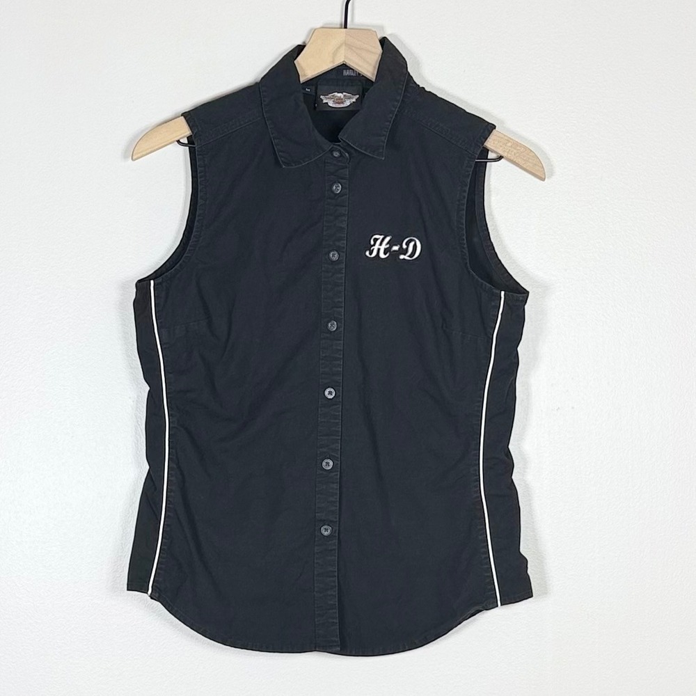Vtg Harley Davidson Womens Button Up Shirt M Black Sleeveless Embroidered Biker